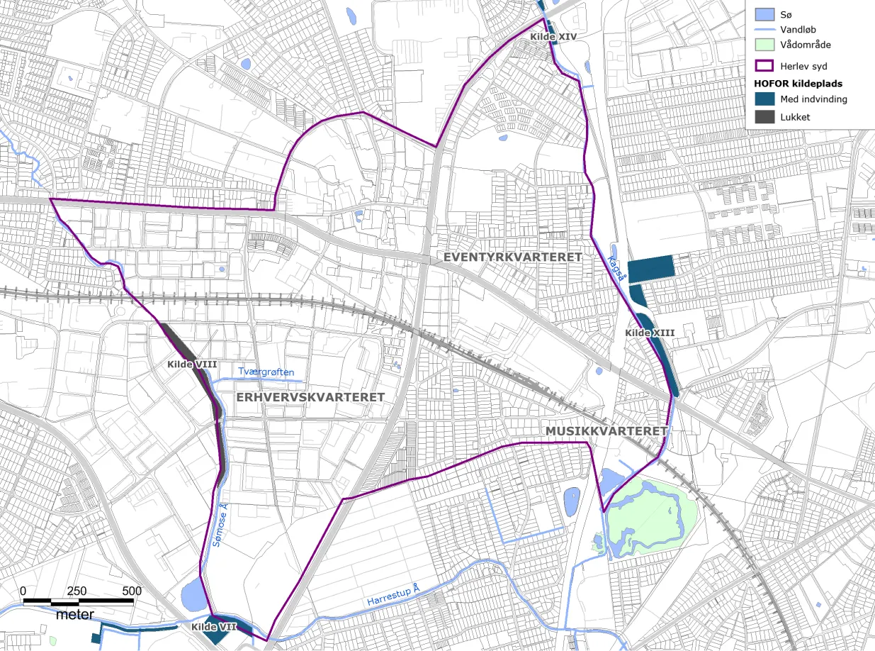 Kort over det sydlige Herlev, hvor Eventyrkvarteret, Musikkvarteret og Erhvervskvarteret er placeret