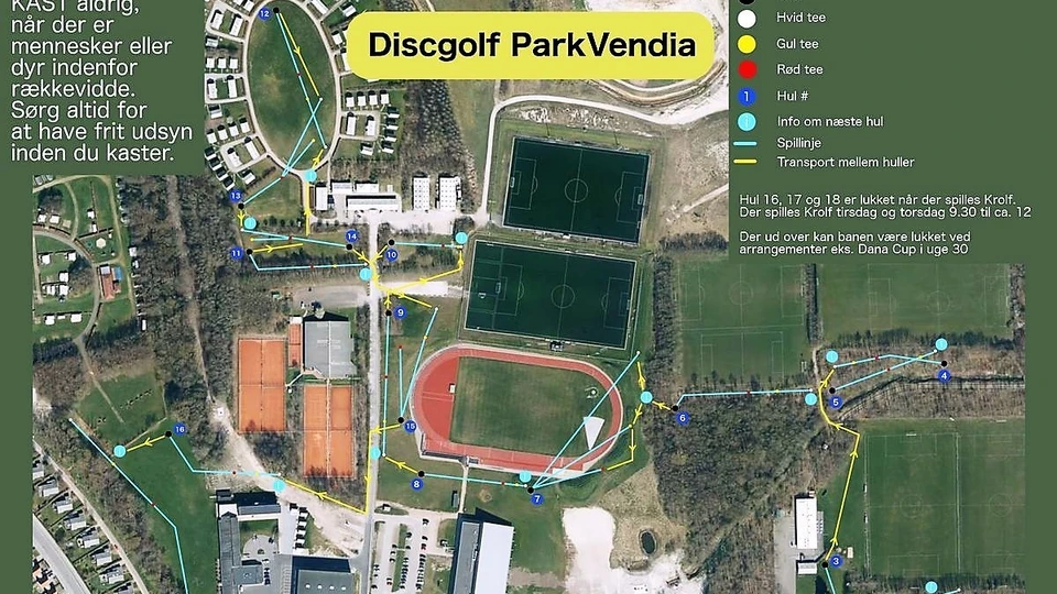 Kort over discgolf banen ved Park Vendia