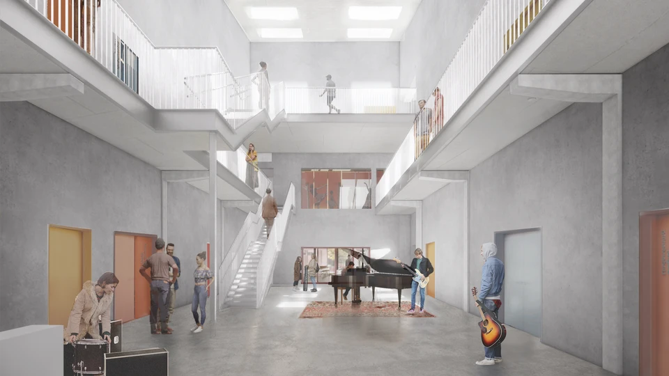 Visualisering af Hjørring Musiske Skole - tegnet af Cobe