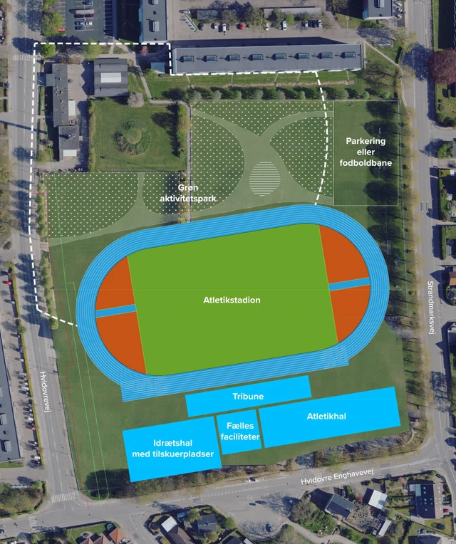Planche der viser planerne for nyt atletikstadion ved Strandmarkens Fritidscenter
