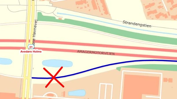 Kort over tilkørselsrampe til Amagermotorvejen mod øst fra Avedøre Havnevej