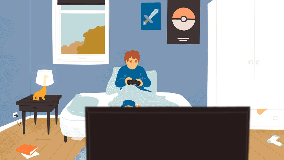 Et barn spiller digitale spil på sit værelse.