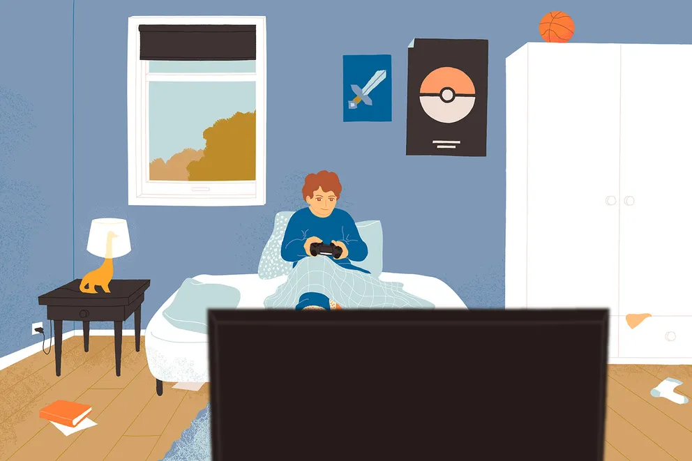 Et barn spiller digitale spil på sit værelse.