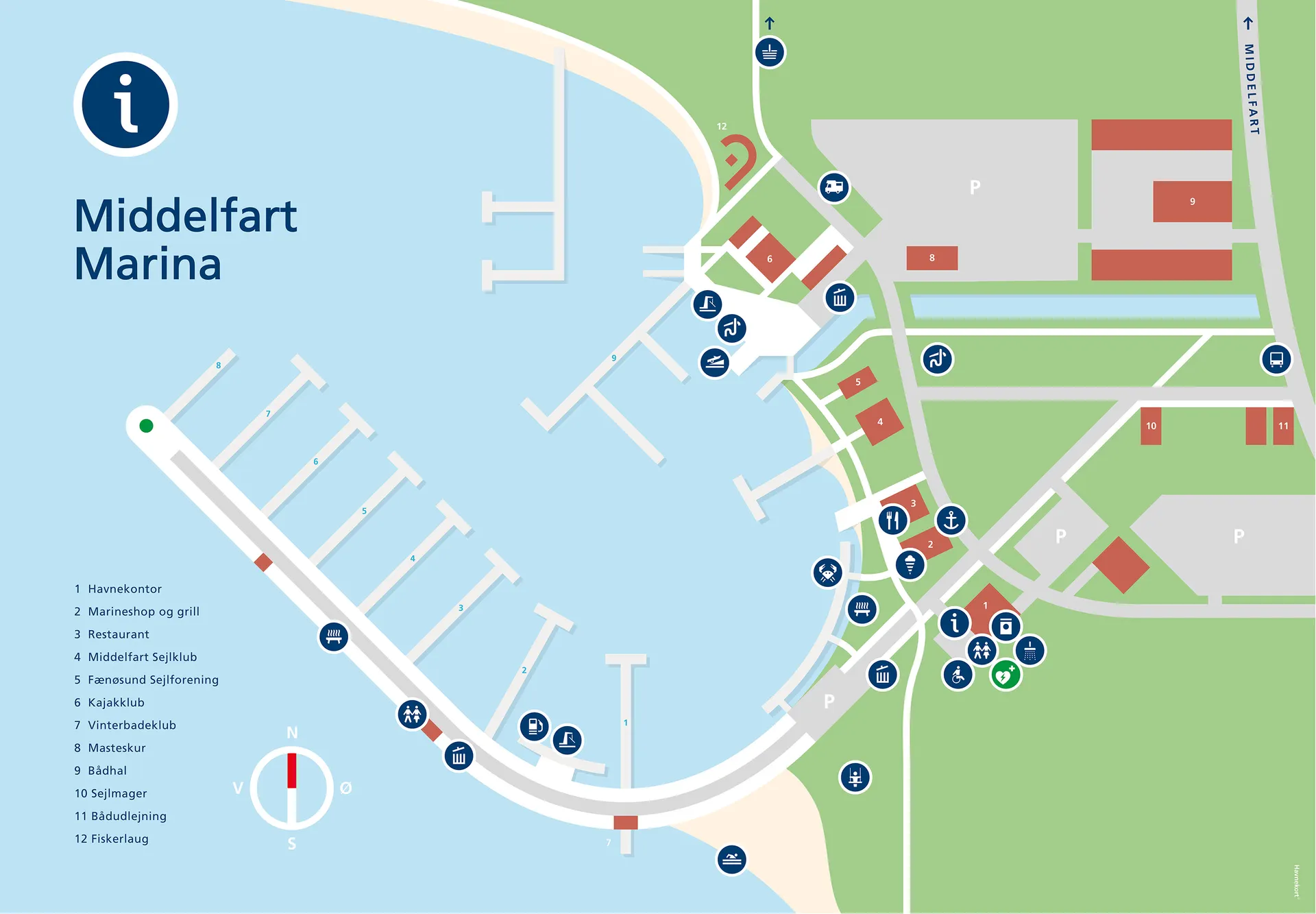 Oversigtskort over Middelfart Marina med placering af faciliteter og klubber