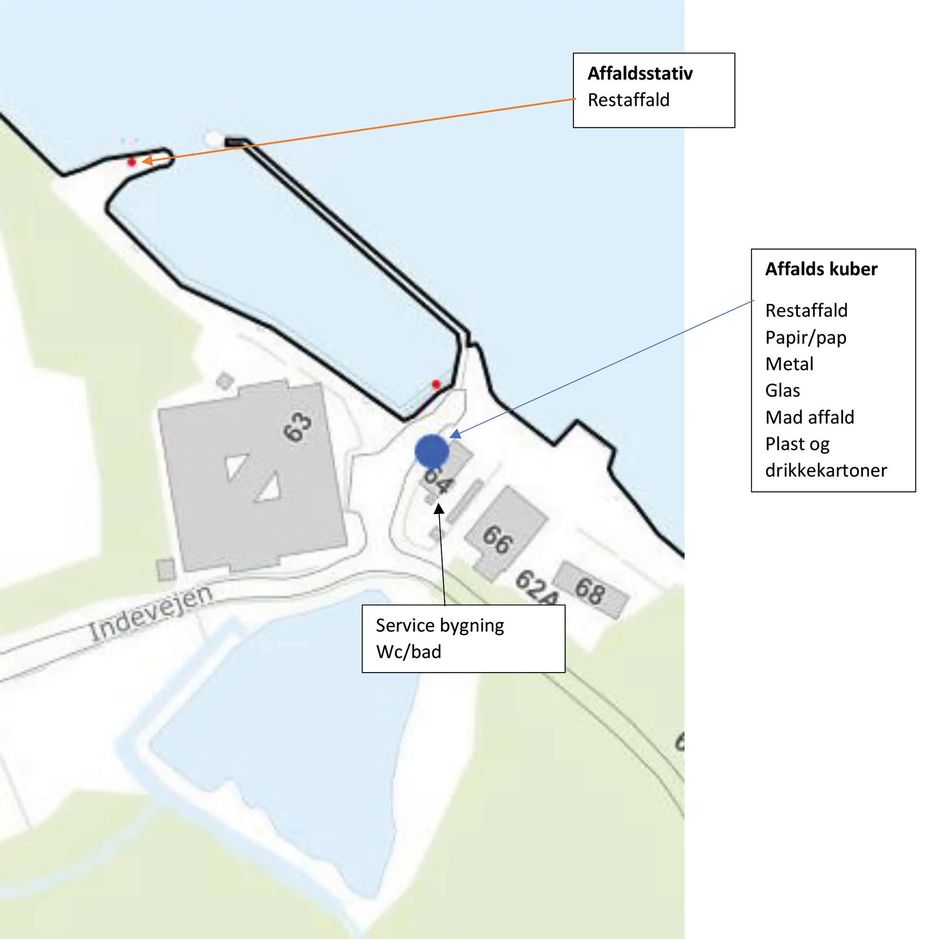 På oversigtskortet ses placering af affaldskuber samt modtagestationer til tømning af kemiske toiletter, farligt affald samt madaffald.