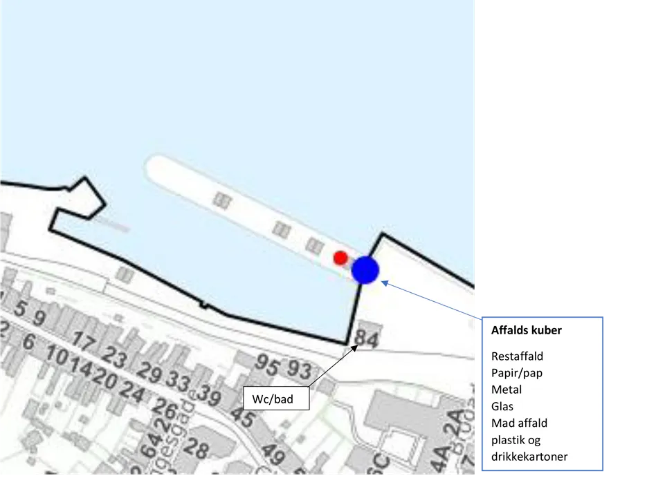 På kortet ses placering af affaldskuber til bl.a. restaffald, papir/pap, metal, glas, madaffald mv.