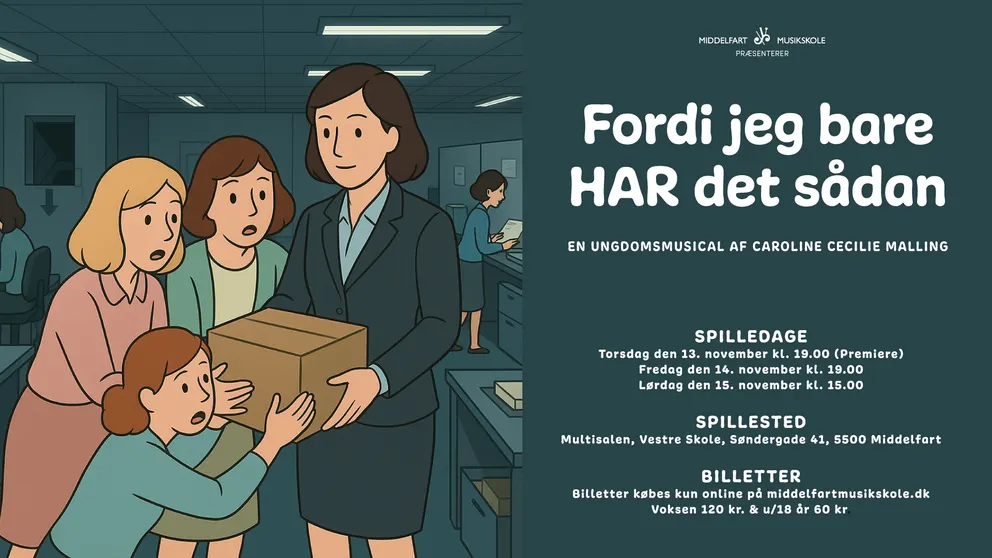 Et billede af fire personer som står omkring en pakke. De ser forbavsede ud. til højre står der hvornår forestillingen spiller.