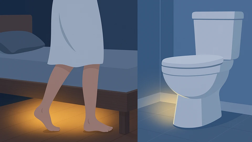 Grafik der viser en person gå på toilet om natten, hvor der er lys tændt