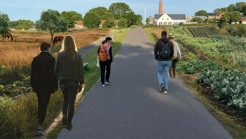 Visualisering af mennesker der går op mod Tunø by