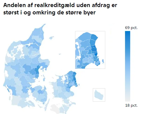 Andelen af realkreditgæld uden afdrag er størst i og omkring de større byer