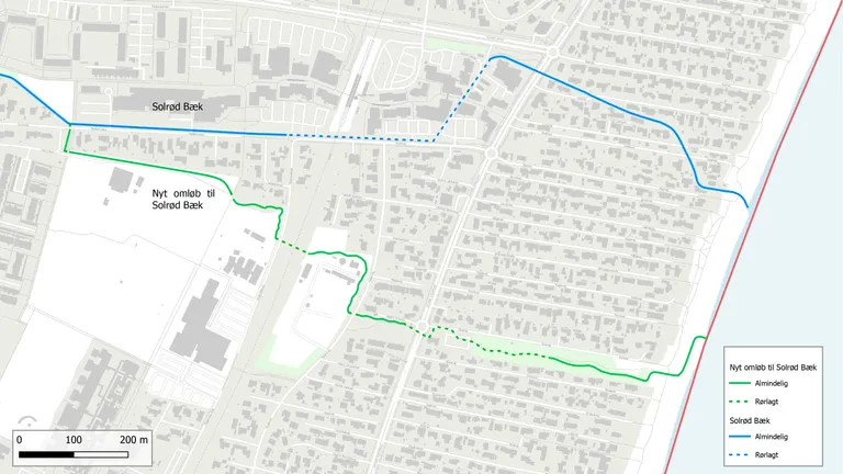 Et billede, der viser, hvordan et nyt omløb til Solrød Bæk vil passere ned igennem Solrød Strand og ud til Køge Bugt.