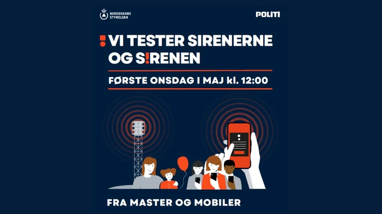 Meddelelse fra Beredskabsstyrelsen og Politiet angående test af sirenerne fra master og mobiler. Testen foregår første onsdag i maj kl. 12:00.