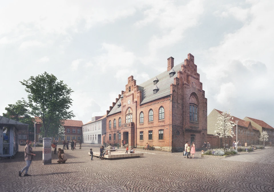 Visualisering af torvet foran Tvedes Rådhus med beplantning, belægning og siddearealer.