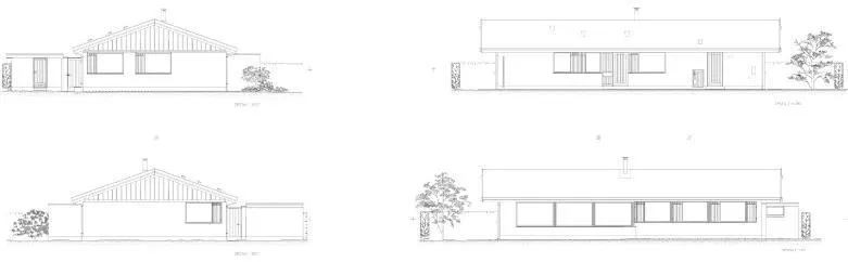 Tegning af parcelhus til én familie. Facaden har få døre og vinduer.