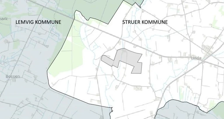 tegnet kort, der viser arealer i spil til solcelleanlæg