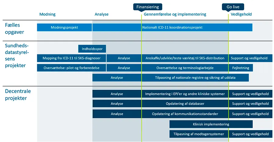Planen viser en oversigt over ICD-11 projekter, og hvor projekterne ligger. Sundhedsdatastyrelsen vil bl.a. have ansvar for Mappning af ICD-11 til SKS-diagnoser, oversættelse og terminologiarbejde og tilpasning af de nationale registre. Regionerne vil bl.a. have ansvar for implementering i EPJ'er og andre kliniske systemer, opdatering af databaser og kommunikationsstandarder, klinisk implementering og tilpasning af modtagersystemer. De fleste projekter kræver indledende analyser, og efterfølgende support og vedligehold. Planen er endnu ikke vedtaget.