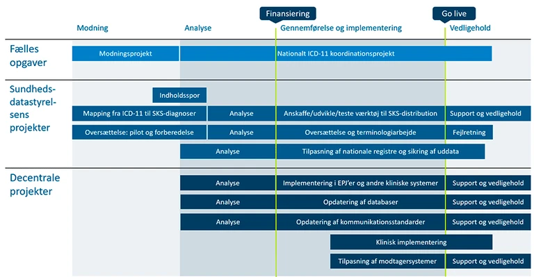 Planen viser en oversigt over ICD-11 projekter, og hvor projekterne ligger. Sundhedsdatastyrelsen vil bl.a. have ansvar for Mappning af ICD-11 til SKS-diagnoser, oversættelse og terminologiarbejde og tilpasning af de nationale registre. Regionerne vil bl.a. have ansvar for implementering i EPJ'er og andre kliniske systemer, opdatering af databaser og kommunikationsstandarder, klinisk implementering og tilpasning af modtagersystemer. De fleste projekter kræver indledende analyser, og efterfølgende support og vedligehold. Planen er endnu ikke vedtaget.
