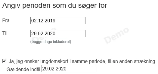 Screenshot, der viser, hvordan den studerende angiver at de har Ungdomskort i samme periode som kilometerpenge