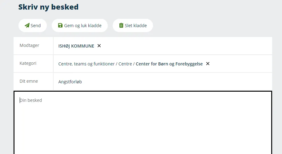 Vejledning til eboks for Ishøj-borgere. Screenshot fra eboks, som viser, at man skrive til Ishøj Kommune og vælge Center for Børn og Forebyggelse. 